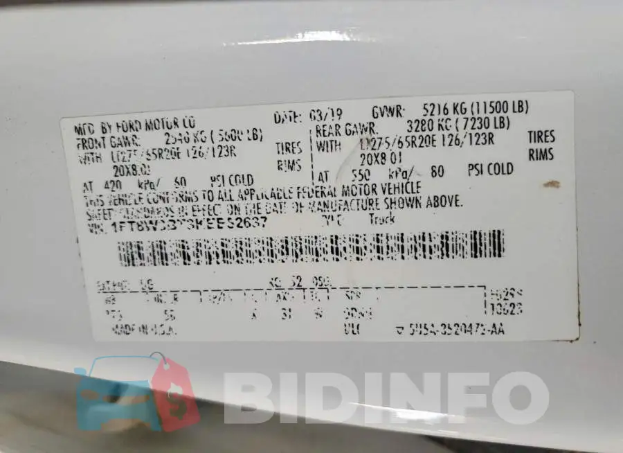 1FT8W3BT3KEE52637 Photo# 12