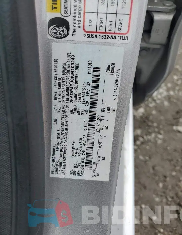 3FADP4BJ0KM109249 Photo# 12