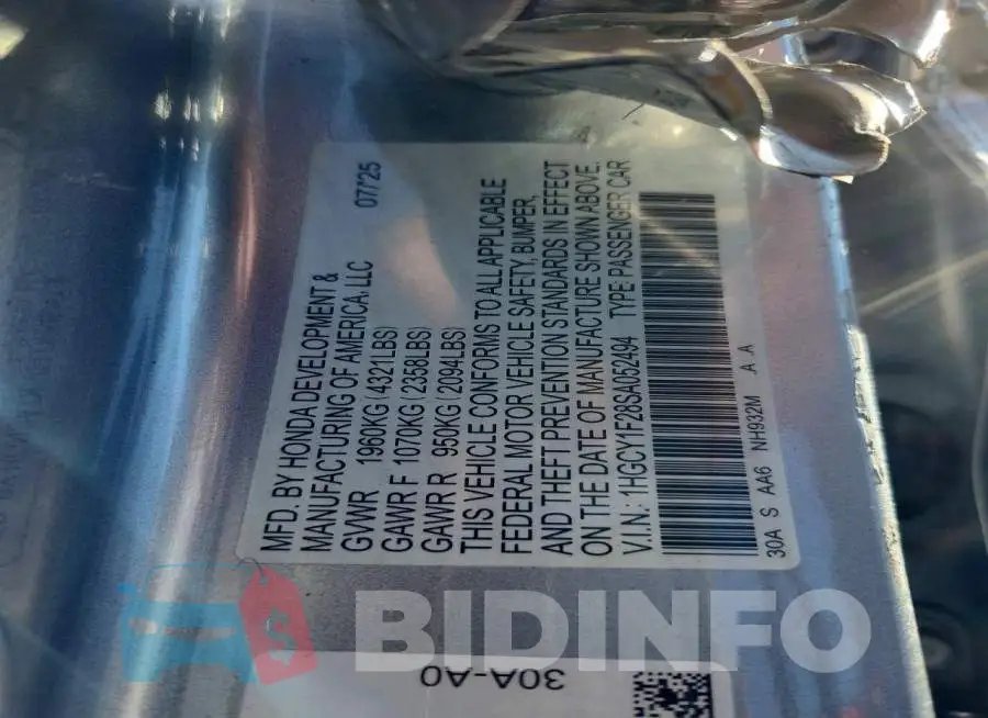 1HGCY1F28SA052494 Photo# 12