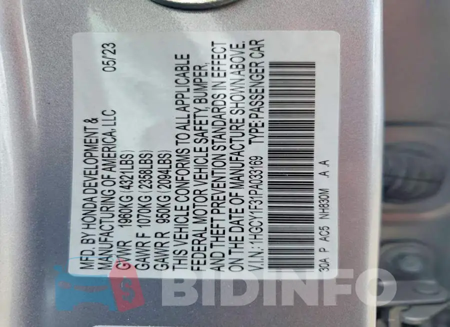1HGCY1F31PA033169 Photo# 12