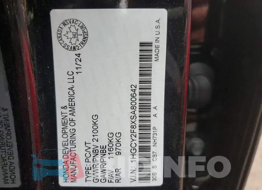 1HGCY2F8XSA800642 Photo# 12