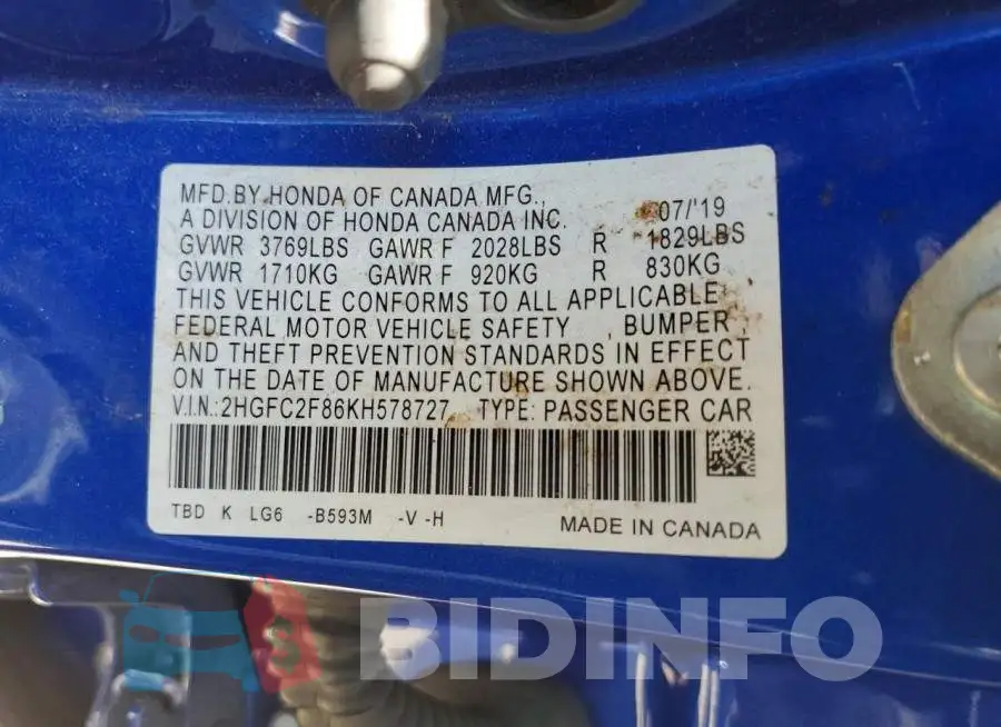 2HGFC2F86KH578727 Photo# 12