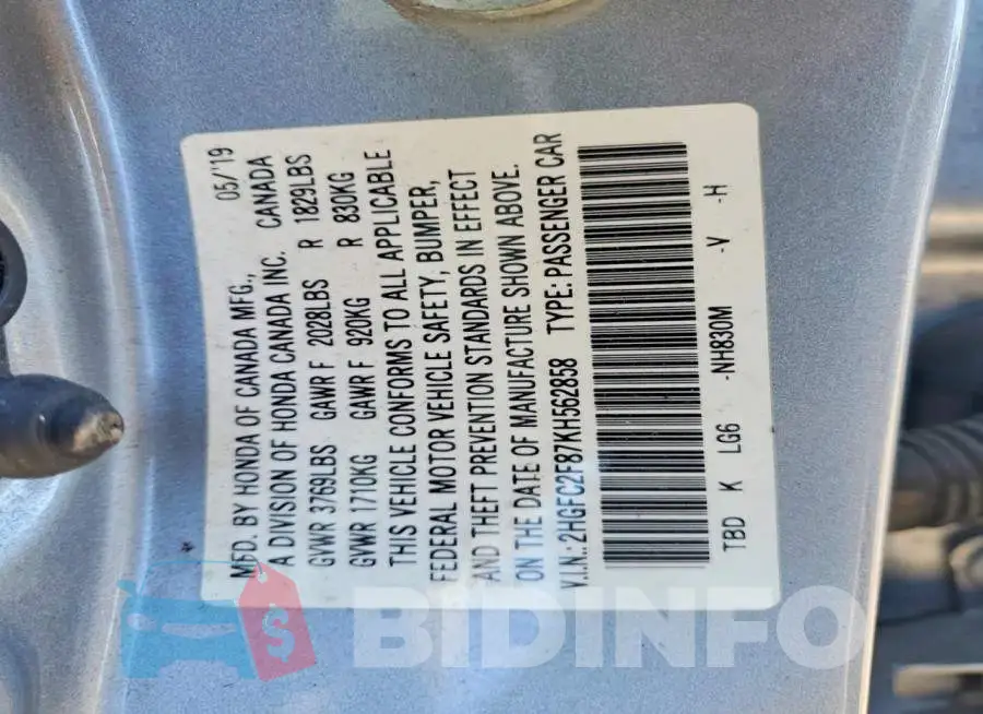 2HGFC2F87KH562858 Photo# 13