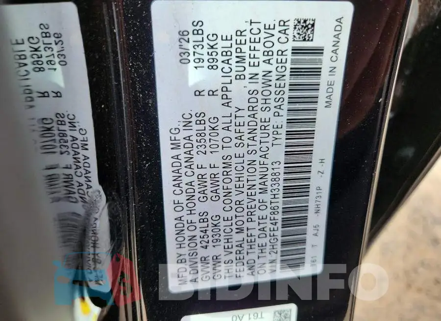 2HGFE4F86TH338813 Photo# 12