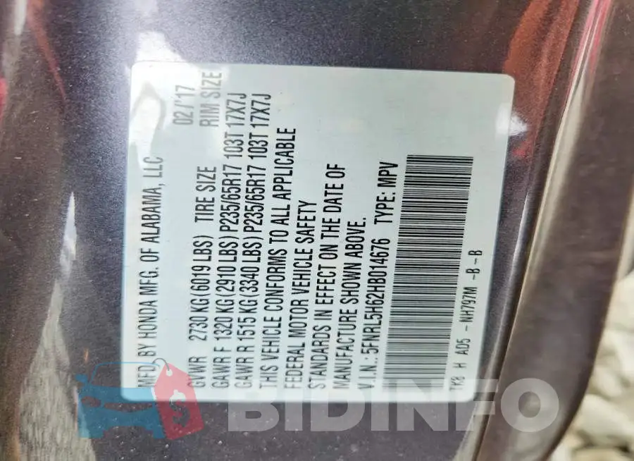5FNRL5H62HB014676 Photo# 14
