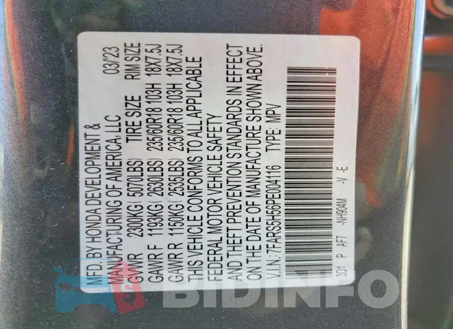 7FARS5H56PE004116 Photo# 14