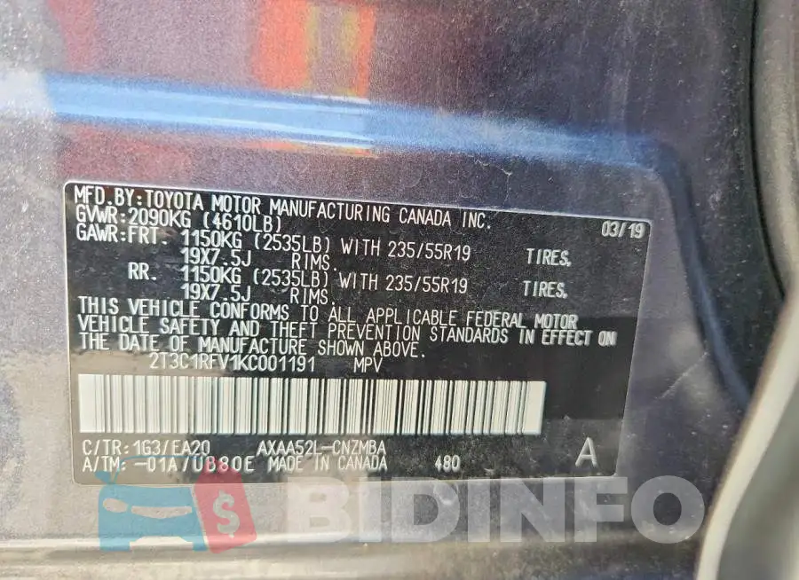 2T3C1RFV1KC001191 Photo# 14