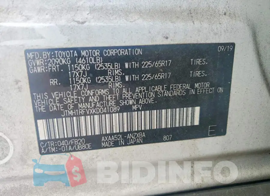 JTMH1RFVXKD041089 Photo# 13