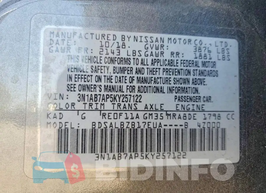 3N1AB7AP5KY257122 Photo# 13