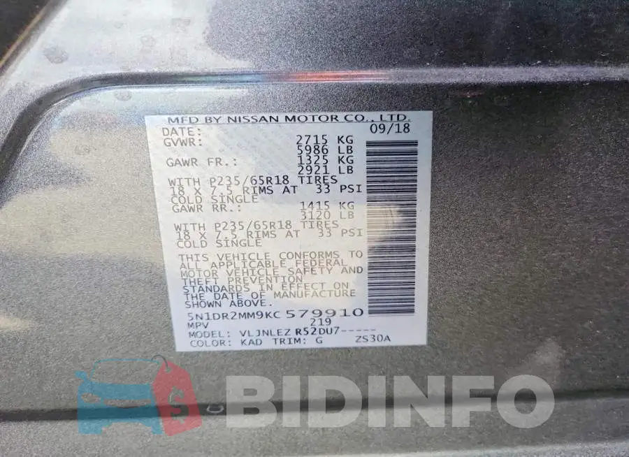 5N1DR2MM9KC579910 Photo# 13
