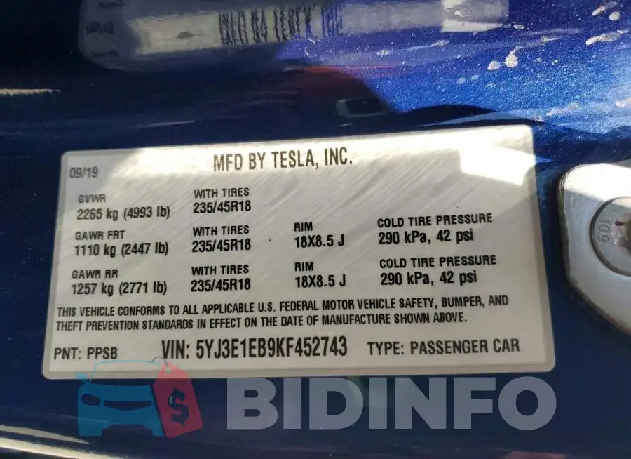 5YJ3E1EB9KF452743 Photo# 12