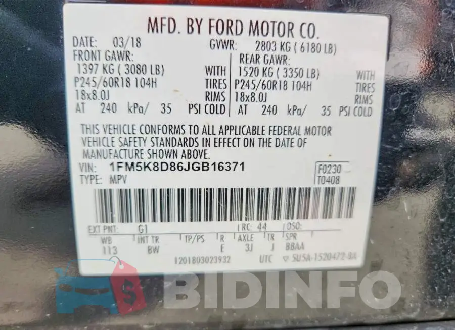 1FM5K8D86JGB16371 Photo# 13