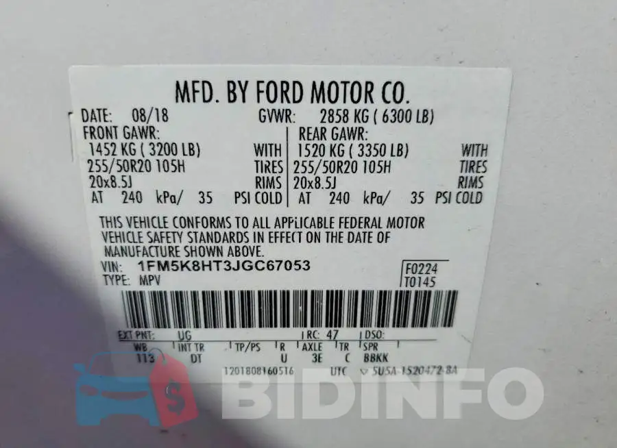 1FM5K8HT3JGC67053 Photo# 14