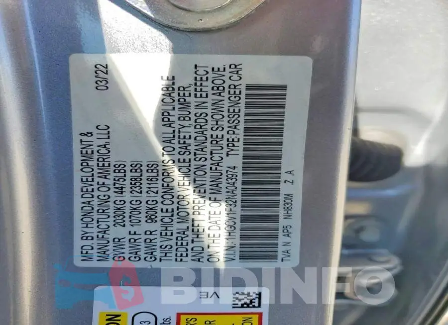 1HGCV1F32NA043974 Photo# 12