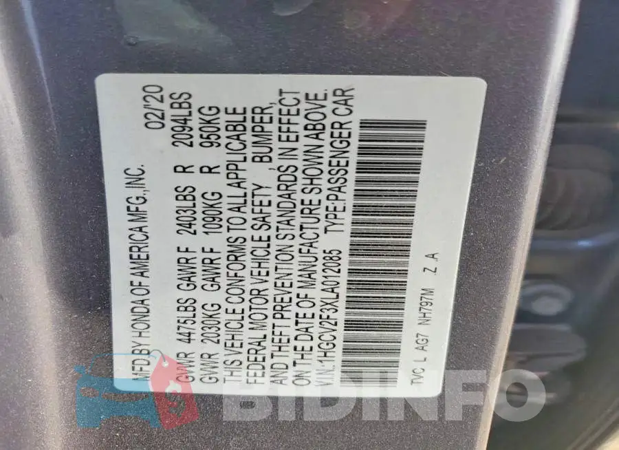 1HGCV2F3XLA012085 Photo# 13