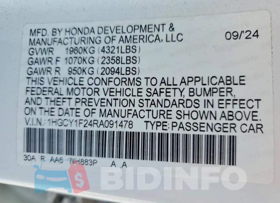 1HGCY1F24RA091478 Photo# 12