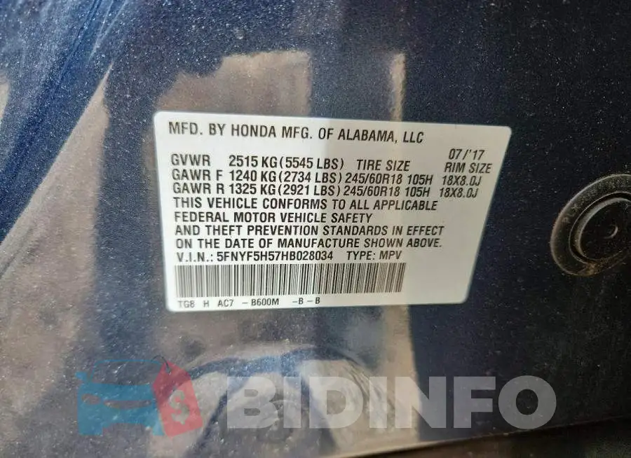 5FNYF5H57HB028034 Photo# 13