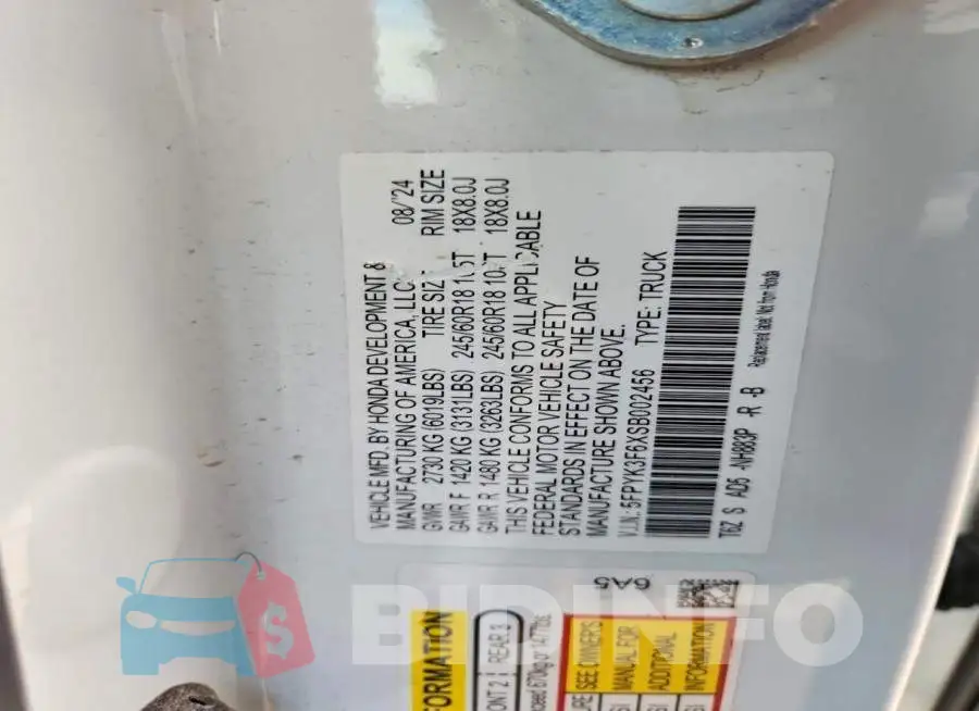 5FPYK3F6XSB002456 Photo# 13