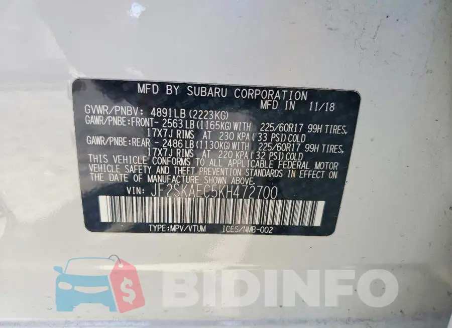 JF2SKAEC5KH472700 Photo# 13