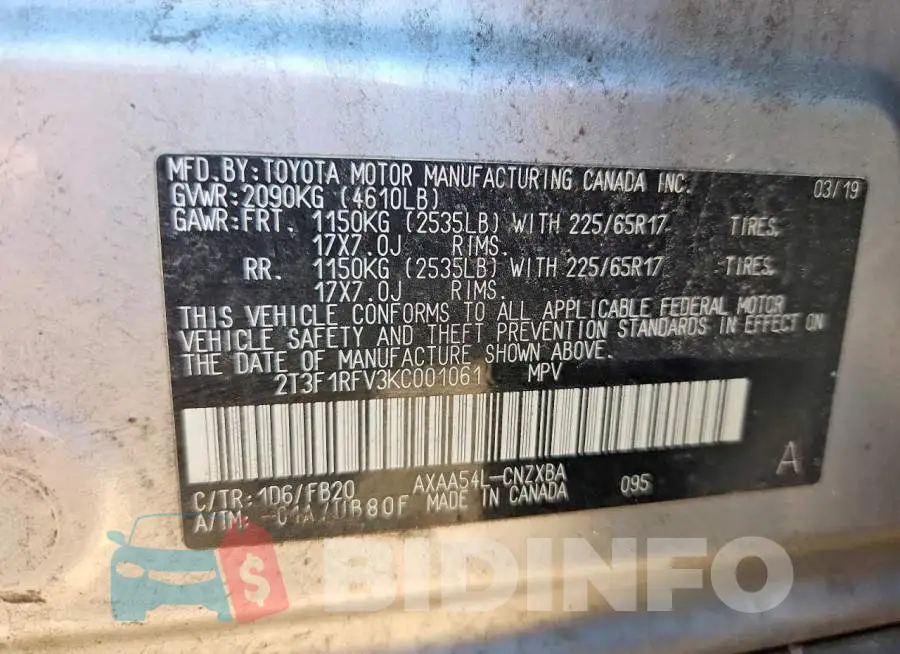 2T3F1RFV3KC001061 Photo# 14