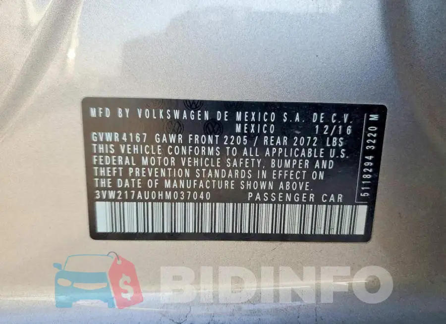 3VW217AU0HM037040 Photo# 13