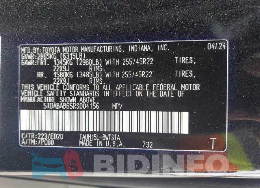 5TDABAB65RS004156 Photo# 13