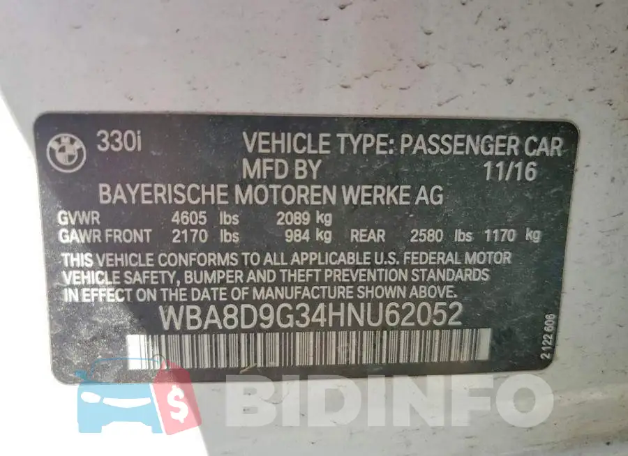 WBA8D9G34HNU62052 Photo# 12