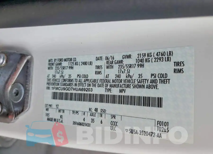 1FMCU9GD7HUA69203 Photo# 13