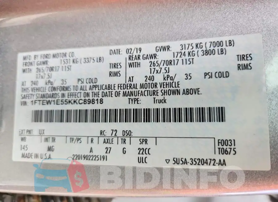 1FTEW1E55KKC89818 Photo# 13