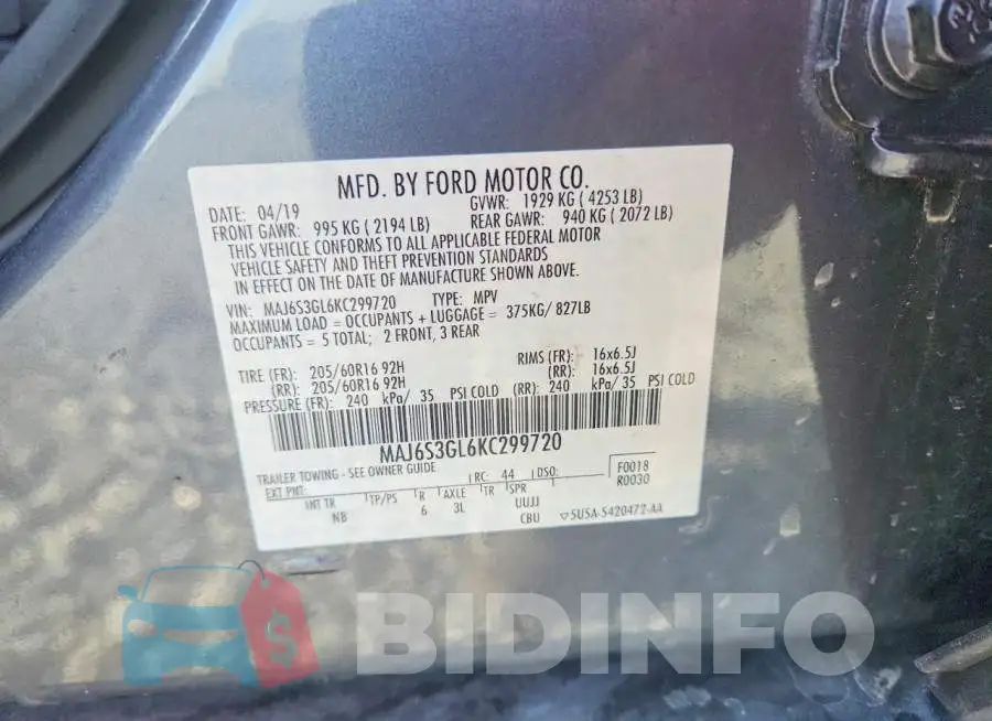 MAJ6S3GL6KC299720 Photo# 13