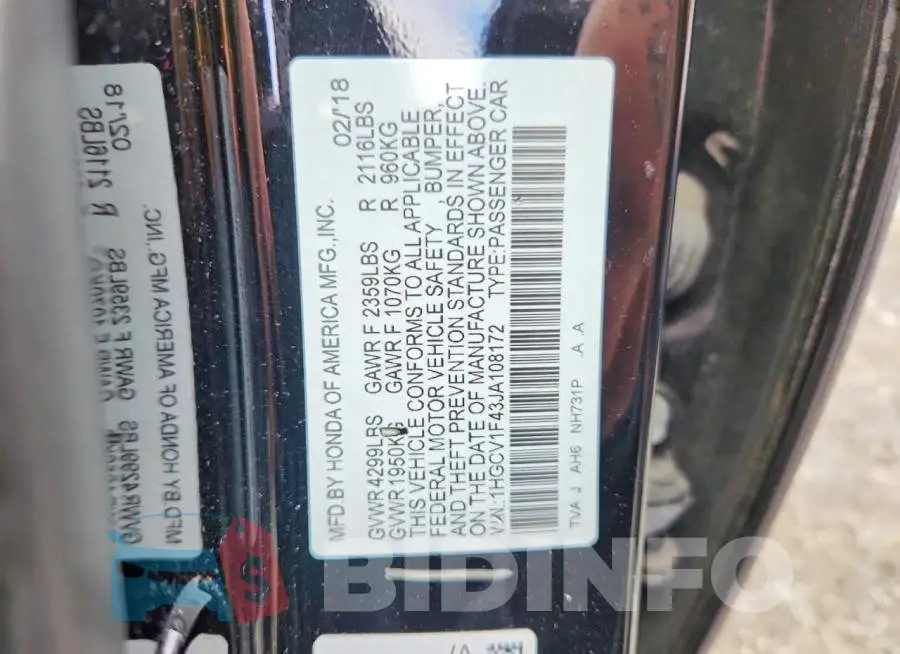 1HGCV1F43JA108172 Photo# 12