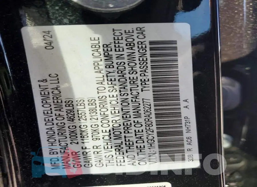 1HGCY2F80RA062277 Photo# 12
