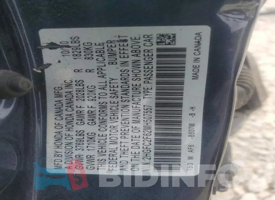 2HGFC2F62MH507557 Photo# 13