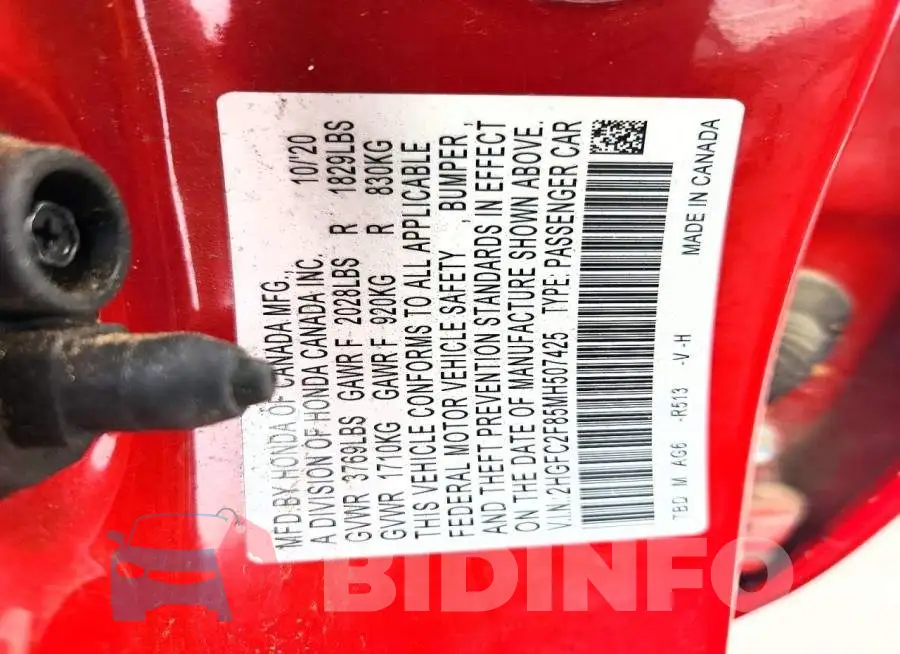 2HGFC2F85MH507425 Photo# 12