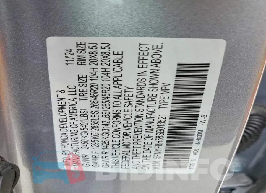 5FNYF8H58SB013521 Photo# 13