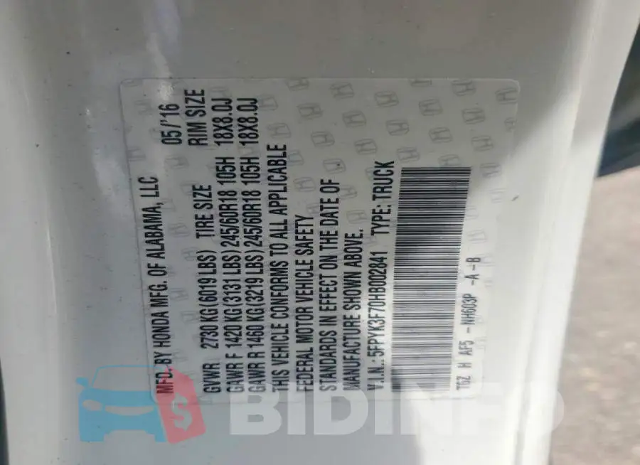 5FPYK3F70HB002841 Photo# 12