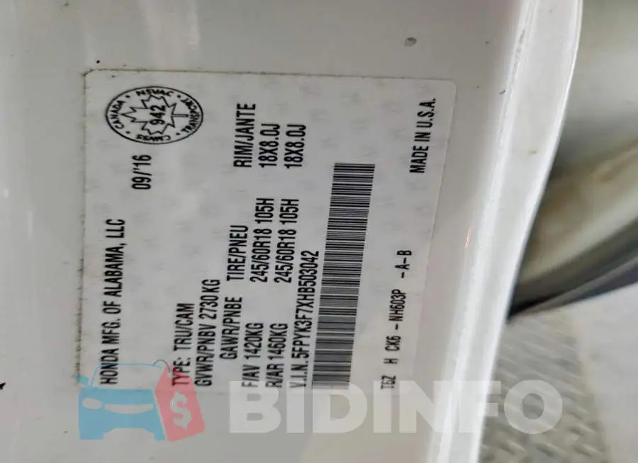 5FPYK3F7XHB503042 Photo# 12