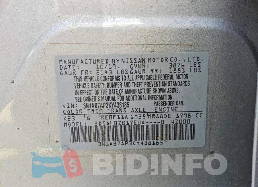 3N1AB7AP3KY438185 Photo# 12