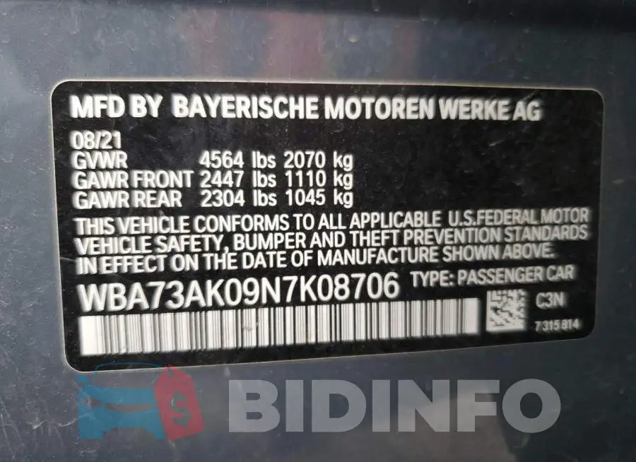 WBA73AK09N7K08706 Photo# 12