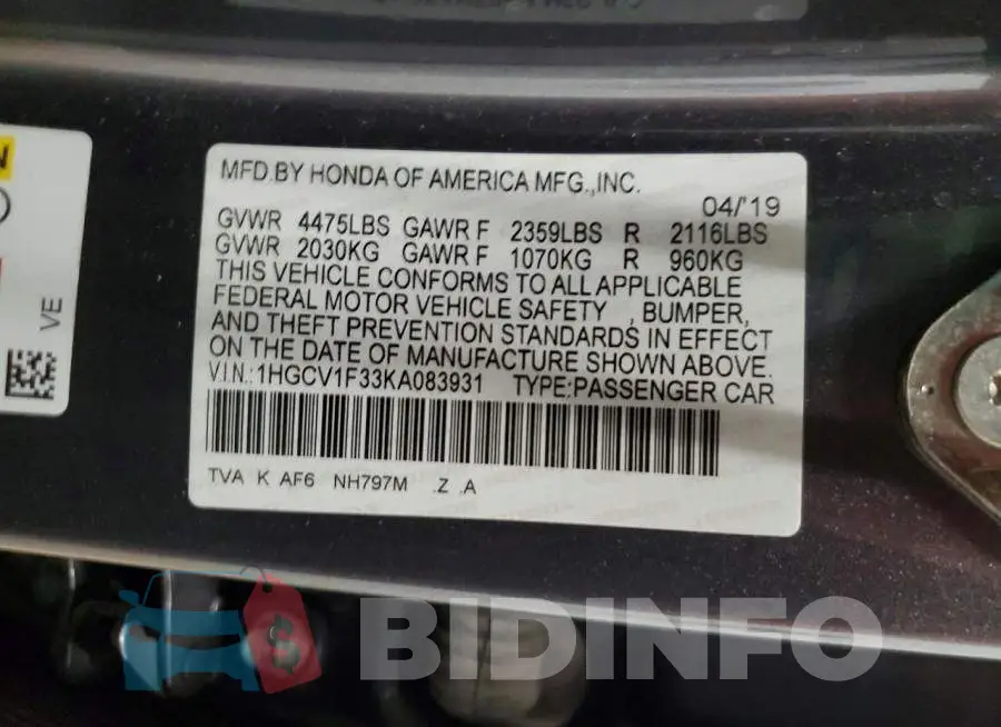 1HGCV1F33KA083931 Photo# 12