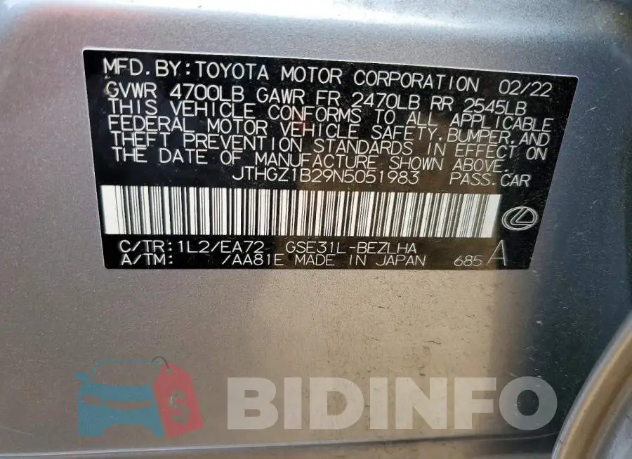 JTHGZ1B29N5051983 Photo# 12