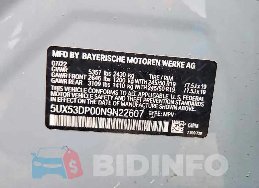 5UX53DP00N9N22607 Photo# 13