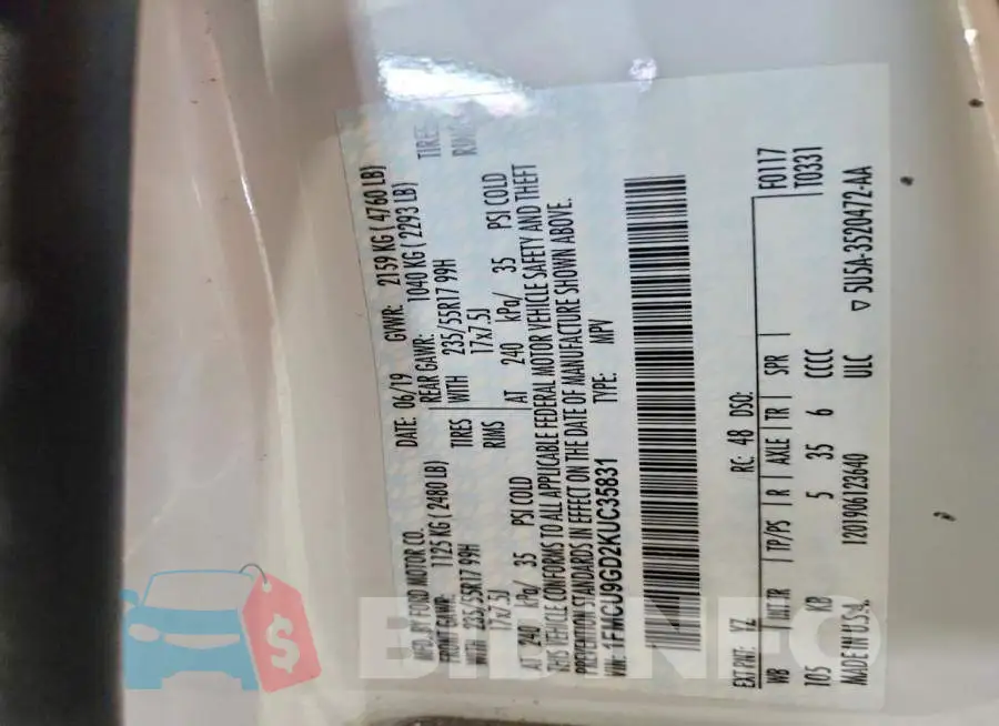 1FMCU9GD2KUC35831 Photo# 13