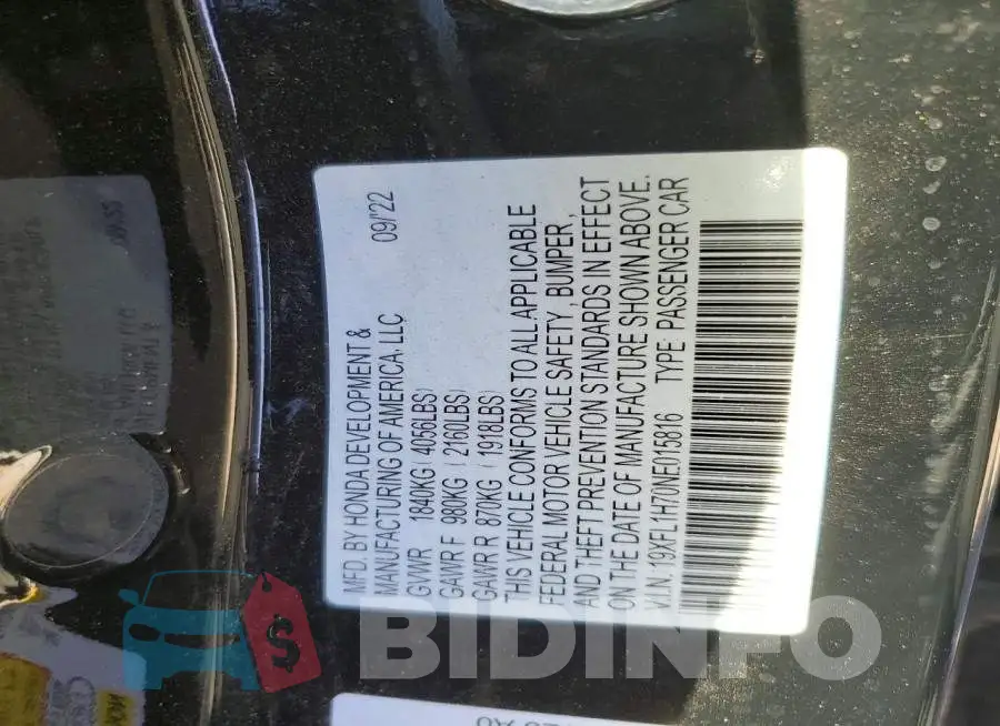 19XFL1H70NE015816 Photo# 12