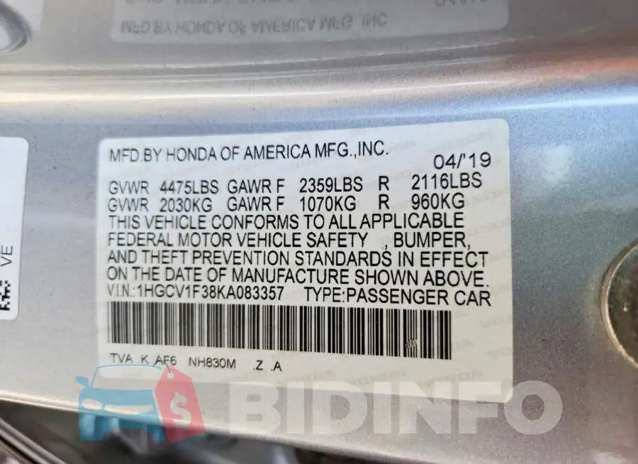 1HGCV1F38KA083357 Photo# 12