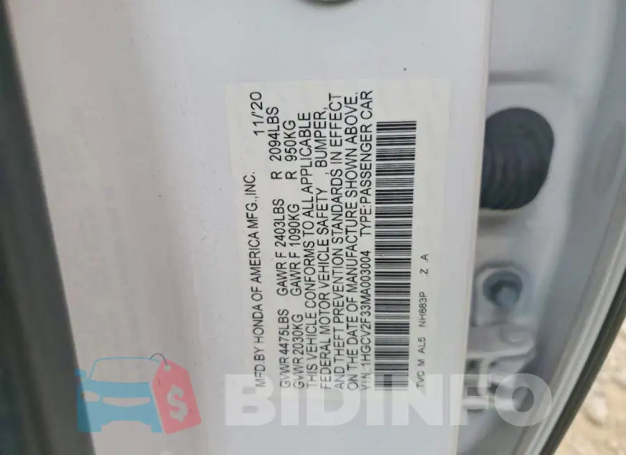 1HGCV2F33MA003004 Photo# 12