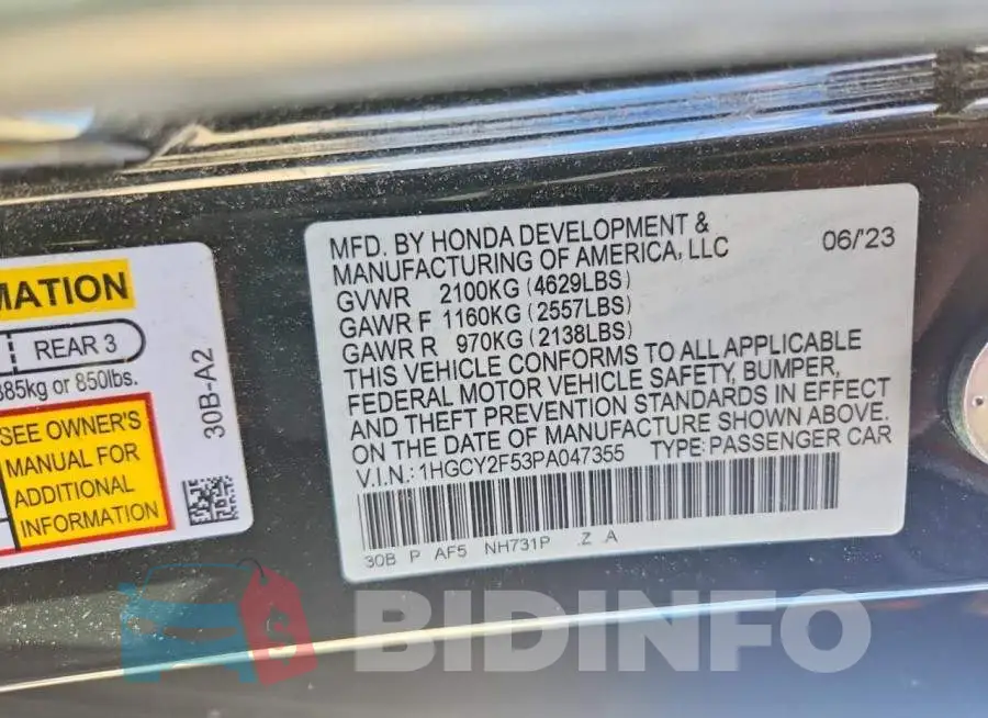1HGCY2F53PA047355 Photo# 12