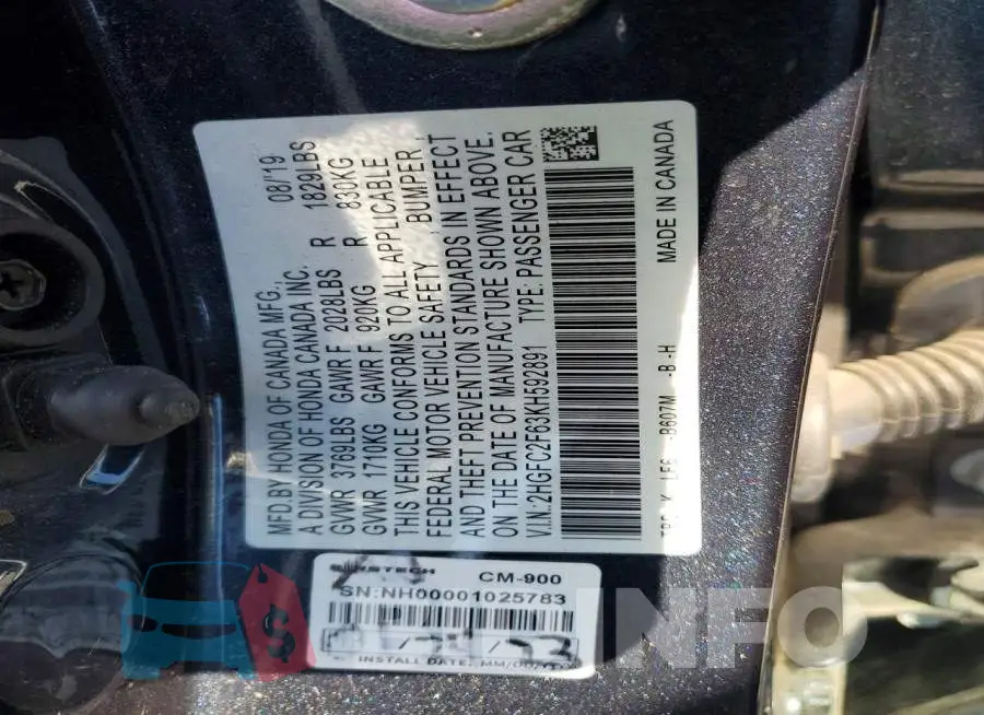 2HGFC2F63KH592891 Photo# 12