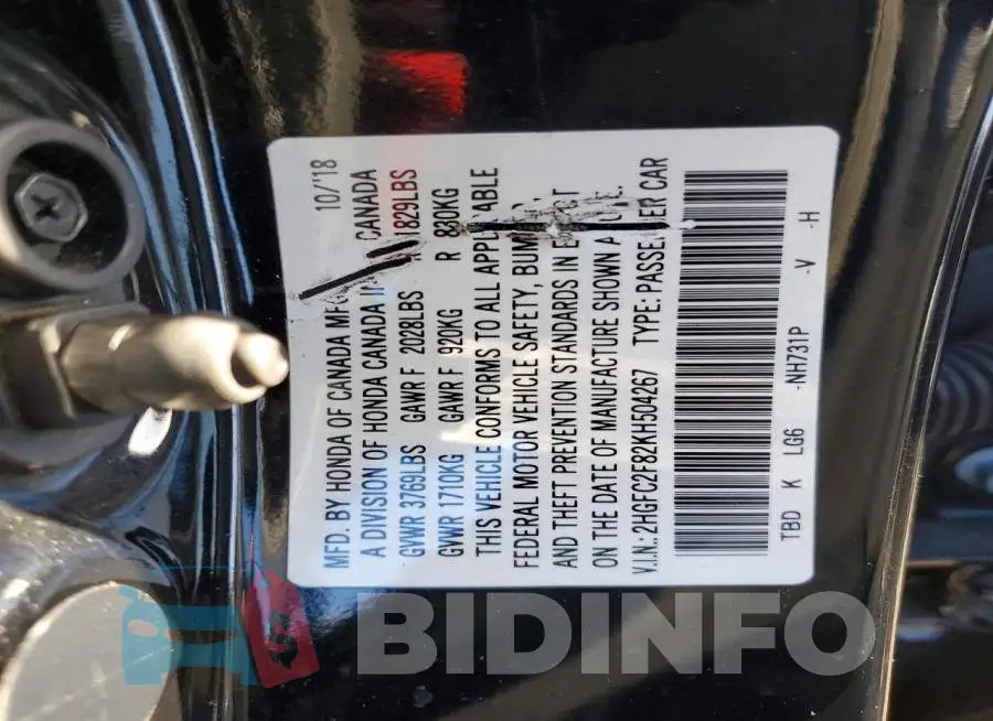 2HGFC2F82KH504267 Photo# 13
