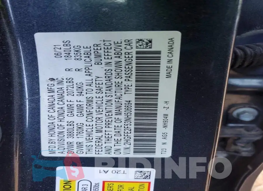 2HGFE2F53NH506694 Photo# 12